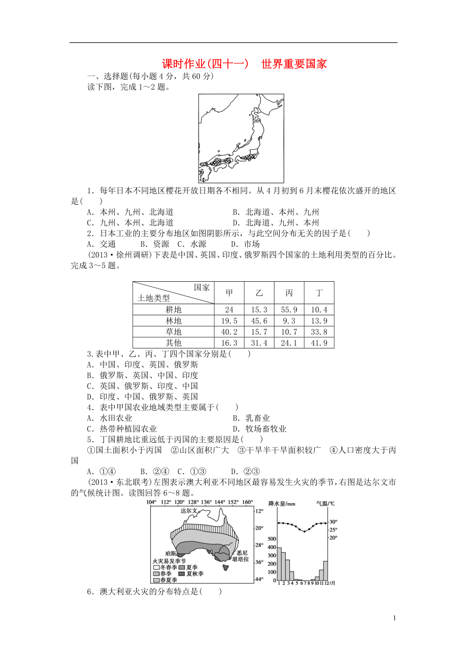 【金榜新學案】2014高三地理大一輪復習 課時作業(yè)四十一 世界重要國家_第1頁