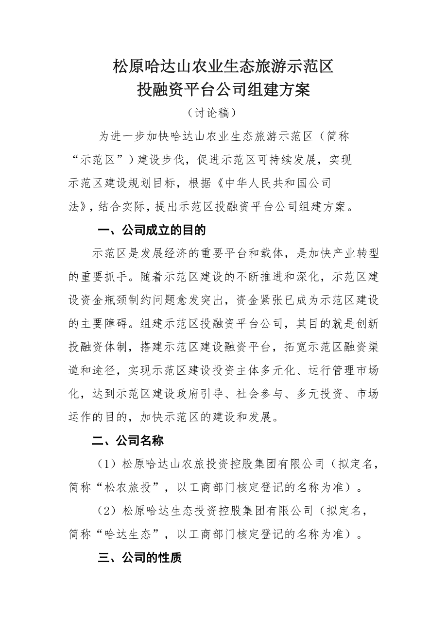 园区投融资平台公司组建方案_第1页