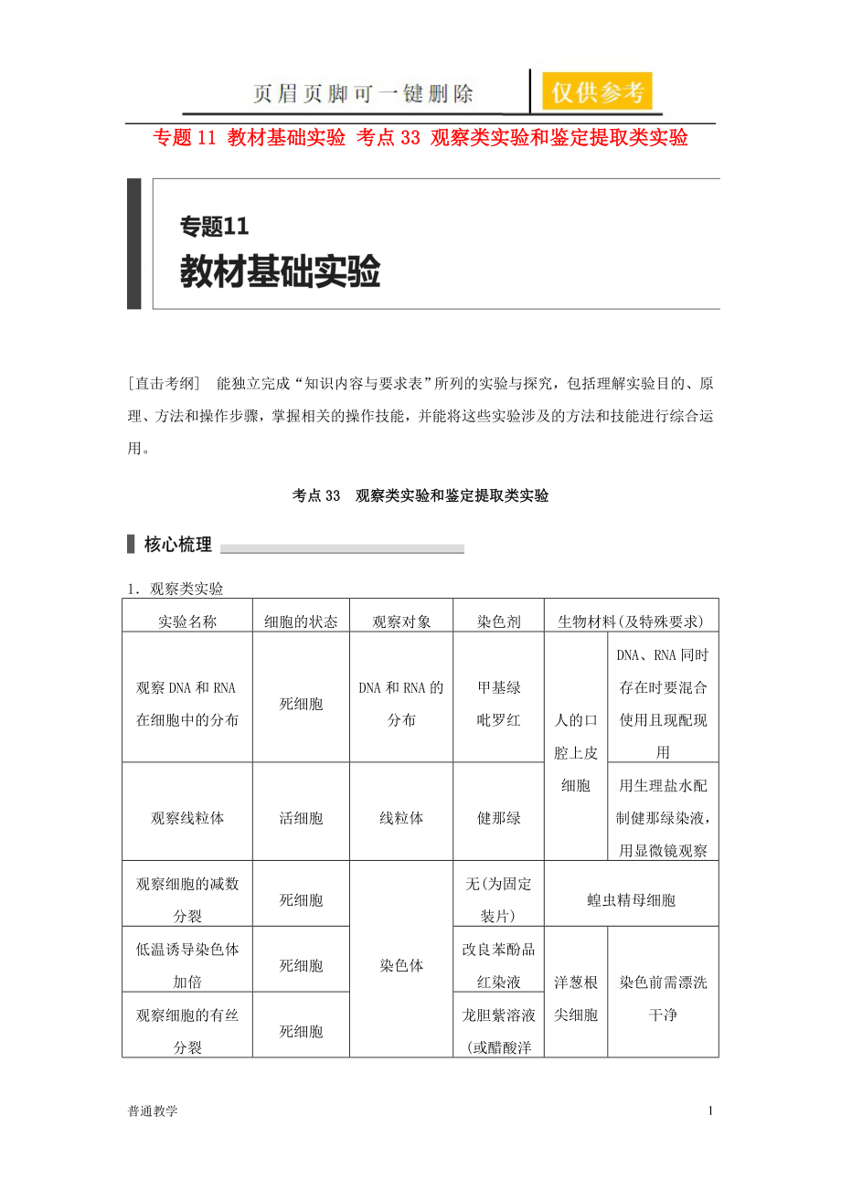 步步高高考生物二輪復(fù)習(xí) 考前三個(gè)月 專題11 教材基礎(chǔ)實(shí)驗(yàn) 考點(diǎn)33 觀察類實(shí)驗(yàn)和鑒定提取類實(shí)驗(yàn)【教學(xué)借鑒】_第1頁(yè)