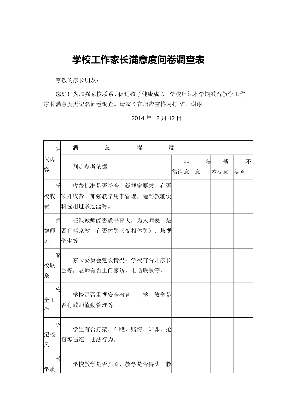 学校工作家长满意度问卷调查表_第1页