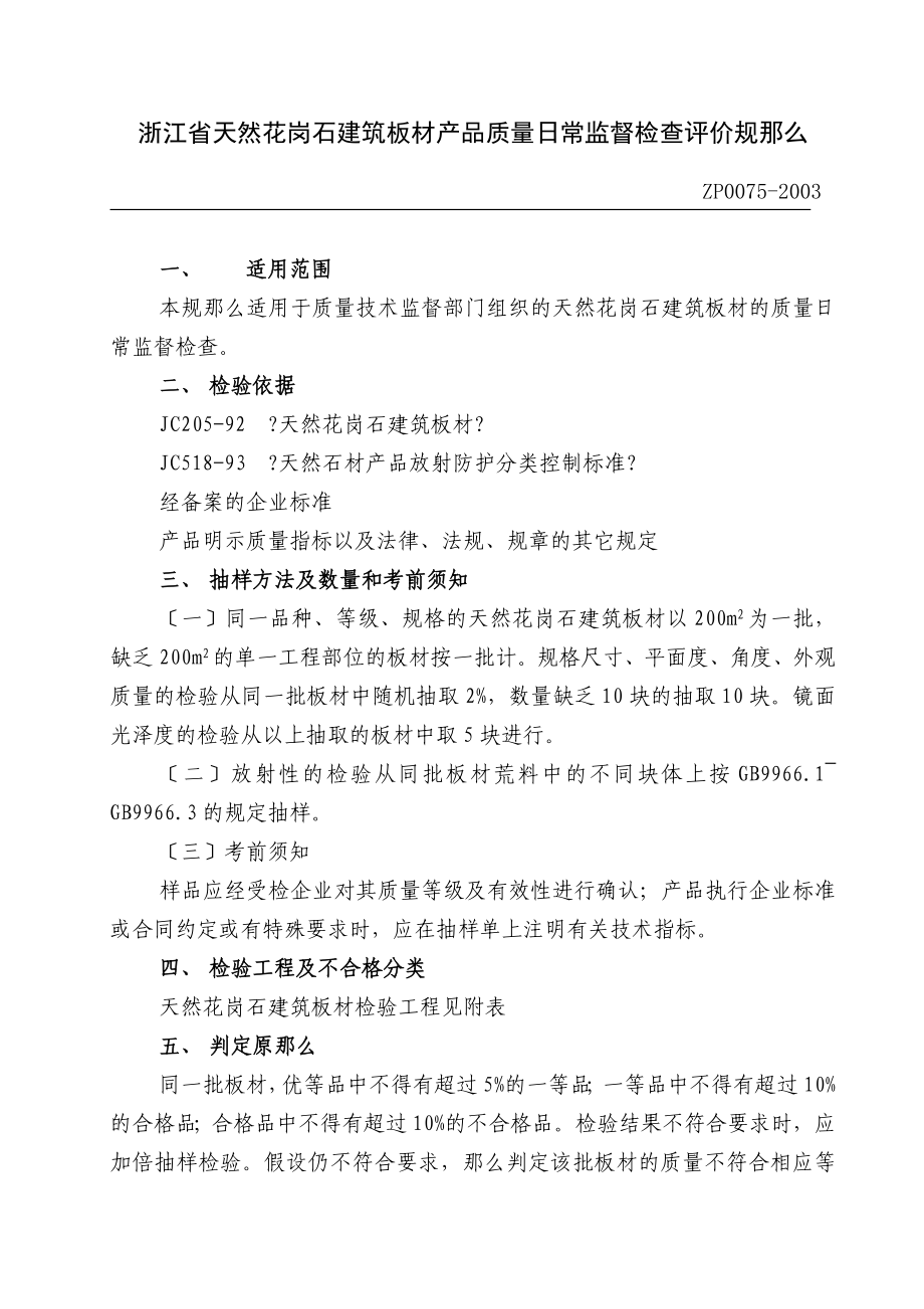 浙江省天然花岗石建筑板材产品质量日常监督检查评价规则_第1页