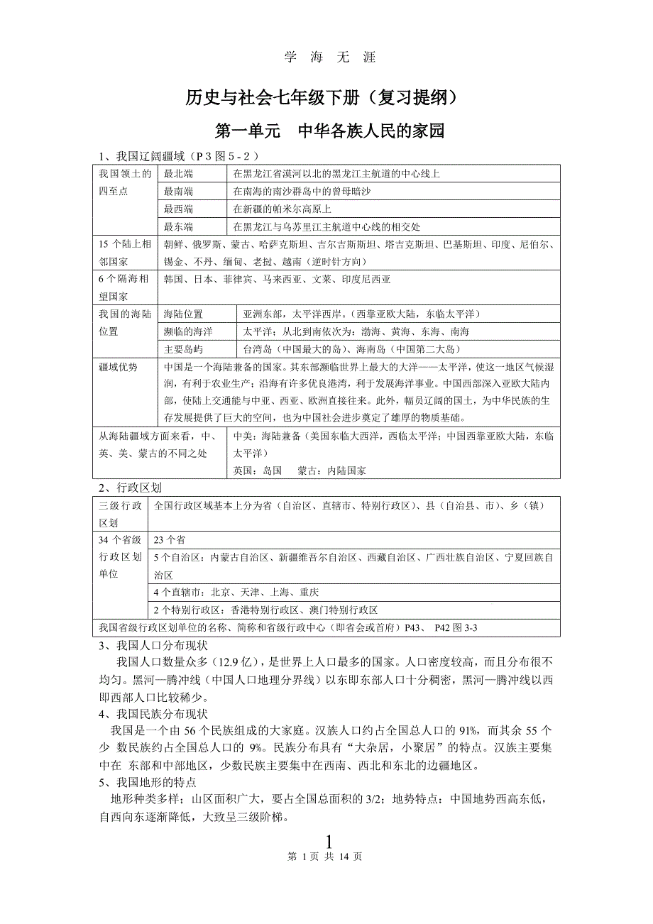 2020学年七年级下册历史与社会复习提纲(新人教版)x课件_第1页