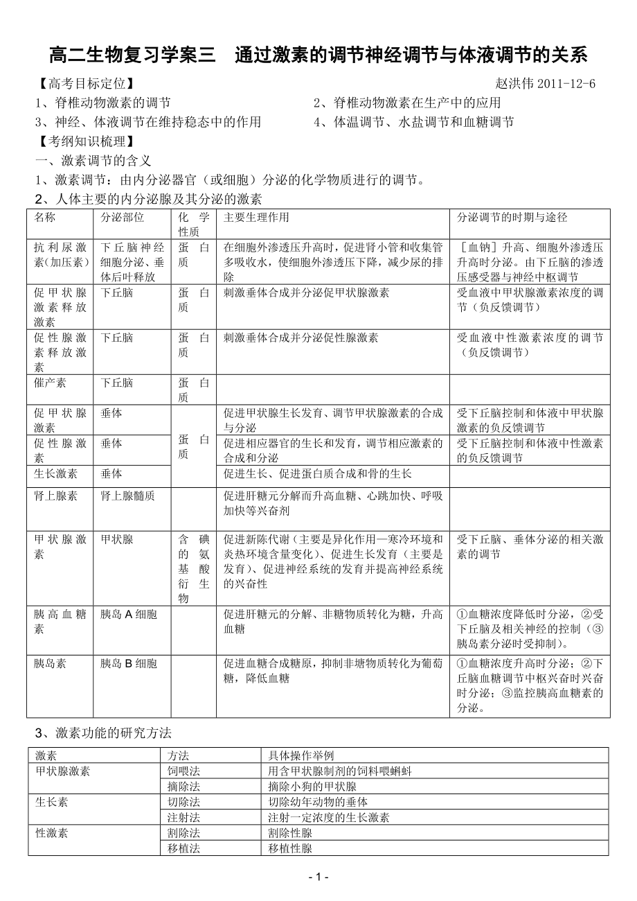 高二生物復習學案三通過激素的調(diào)節(jié)神經(jīng)調(diào)節(jié)與體液調(diào)節(jié)的關(guān)系_第1頁