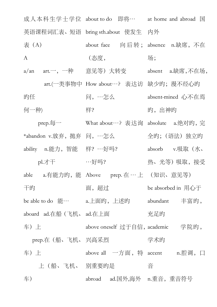 2023年成人本科生学士学位英语课程词汇表短语表A_第1页