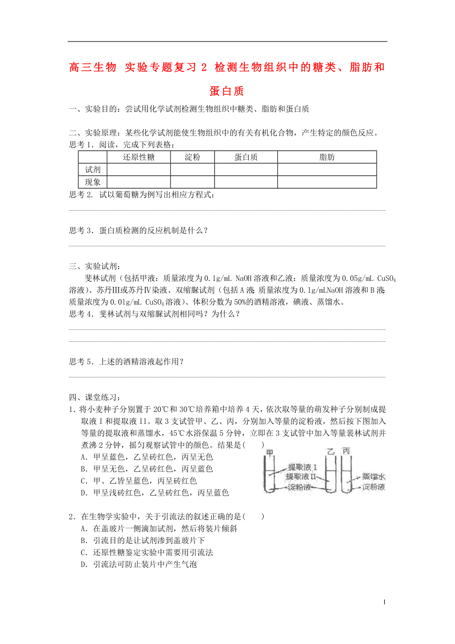 高三生物 实验专题复习2 检测生物组织中的糖类、脂肪和蛋白质_第1页