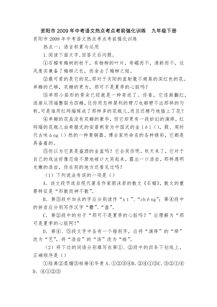 资阳市2009年中考语文热点考点考前强化训练九年级下册_第1页