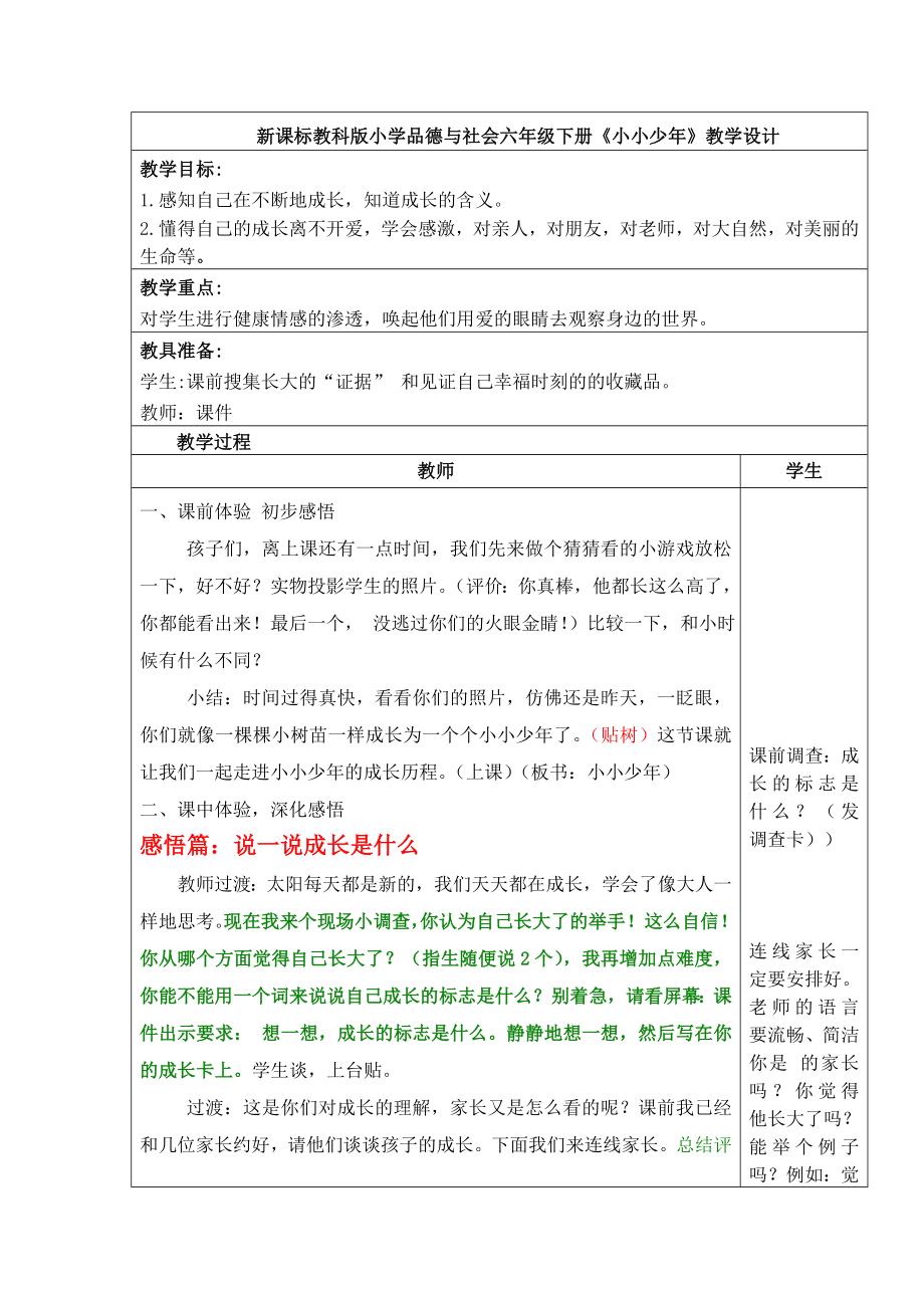 教科版小学品德与社会六年级下册《小小少年》教学设计_第1页