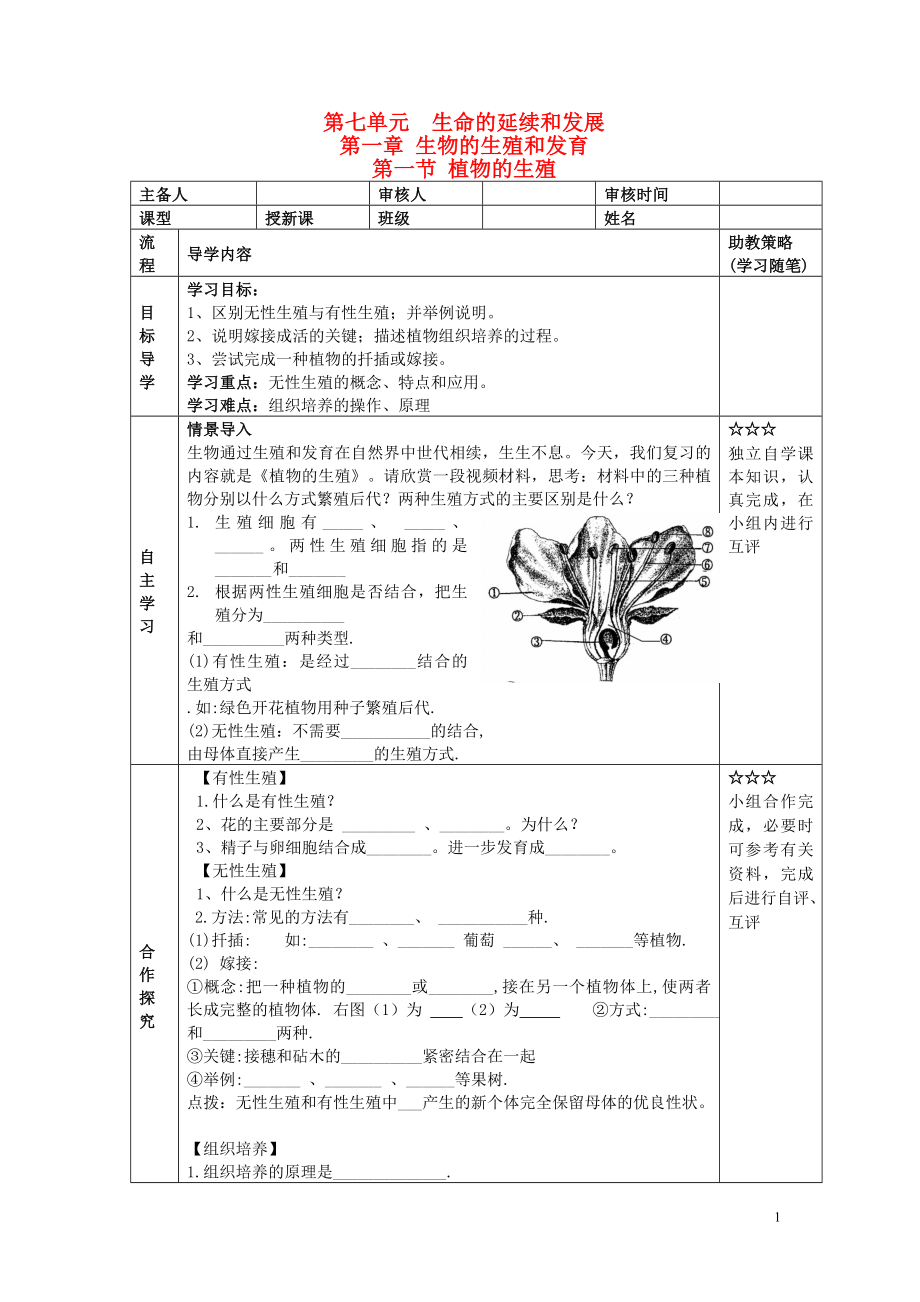 湖北省大冶市還地橋鎮(zhèn)八年級生物下冊 第一節(jié) 植物的生殖學(xué)案（無答案） 新人教版_第1頁