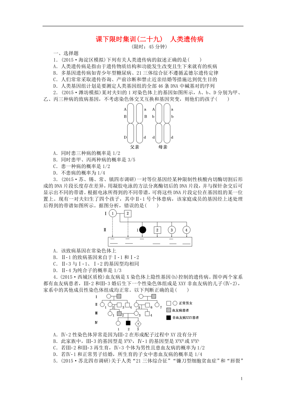 【創(chuàng)新方案】2016屆高三生物一輪復(fù)習(xí) 第三單元 第2講 人類遺傳病課下限時(shí)集訓(xùn) 新人教版必修2_第1頁