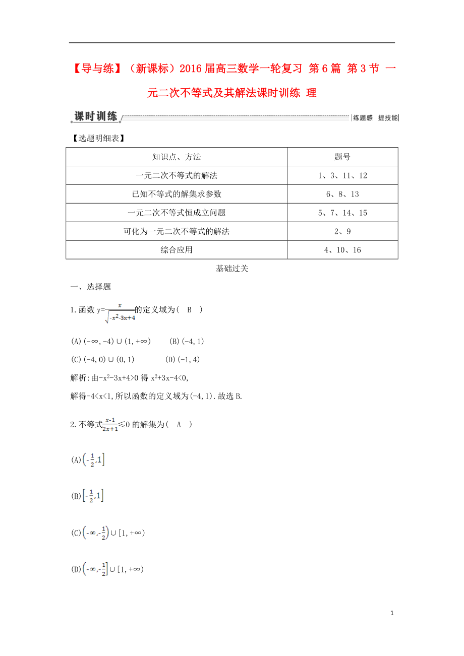 【導(dǎo)與練】（新課標(biāo)）2016屆高三數(shù)學(xué)一輪復(fù)習(xí) 第6篇 第3節(jié) 一元二次不等式及其解法課時(shí)訓(xùn)練 理_第1頁(yè)