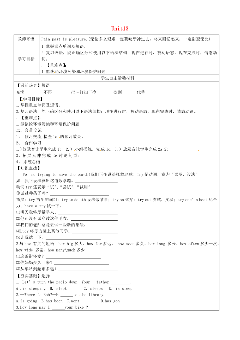 山東省廣饒縣丁莊鎮(zhèn)中心初級中學(xué)九年級英語全冊 Unit 13 We’re trying to save the earth Section A（1a-2d）學(xué)案（無答案）（新版）人教新目標(biāo)版_第1頁