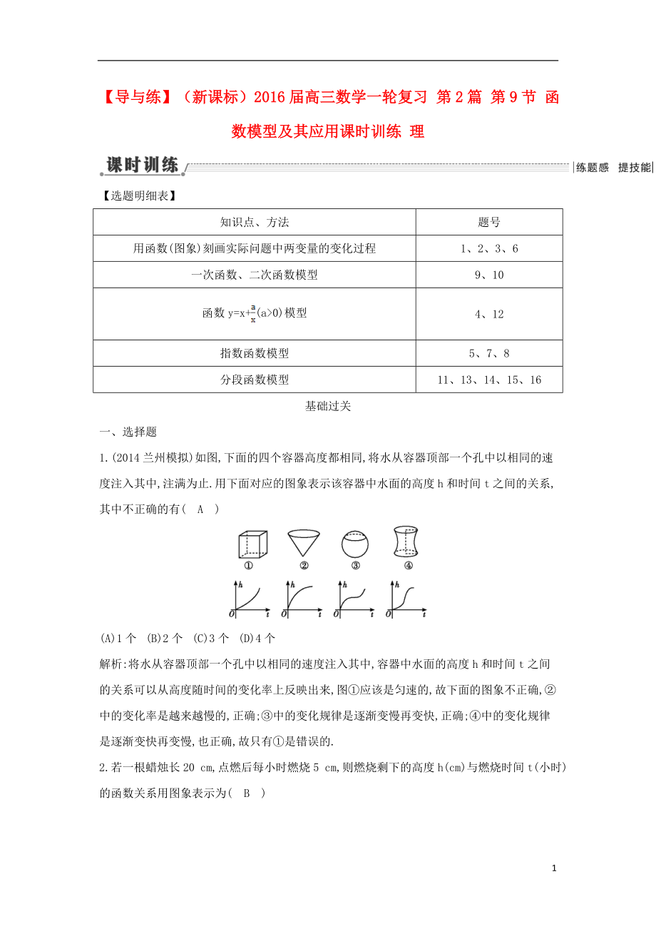 【導與練】（新課標）2016屆高三數學一輪復習 第2篇 第9節(jié) 函數模型及其應用課時訓練 理_第1頁