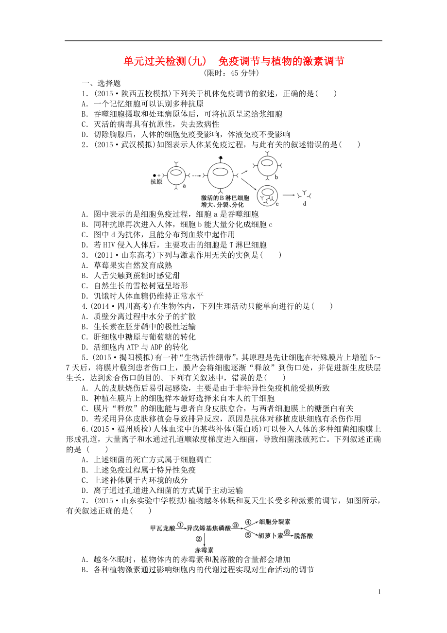 【創(chuàng)新方案】2016屆高三生物一輪復(fù)習(xí) 第一單元 免疫調(diào)節(jié)與植物的激素調(diào)節(jié)單元過(guò)關(guān)檢測(cè) 新人教版必修3_第1頁(yè)