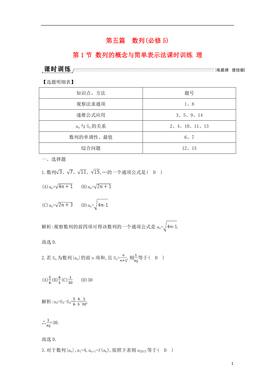 【导与练】（新课标）2016届高三数学一轮复习 第5篇 第1节 数列的概念与简单表示法课时训练 理_第1页