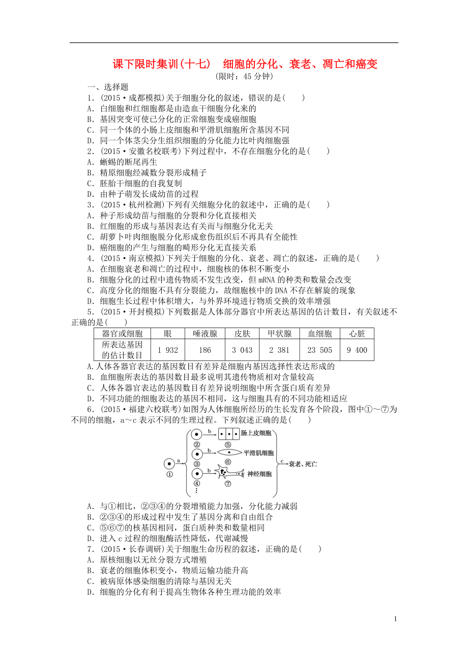 【創(chuàng)新方案】2016屆高三生物一輪復(fù)習 第四單元 第3講 細胞的分化、衰老、凋亡和癌變課下限時集訓(xùn) 新人教版必修1_第1頁