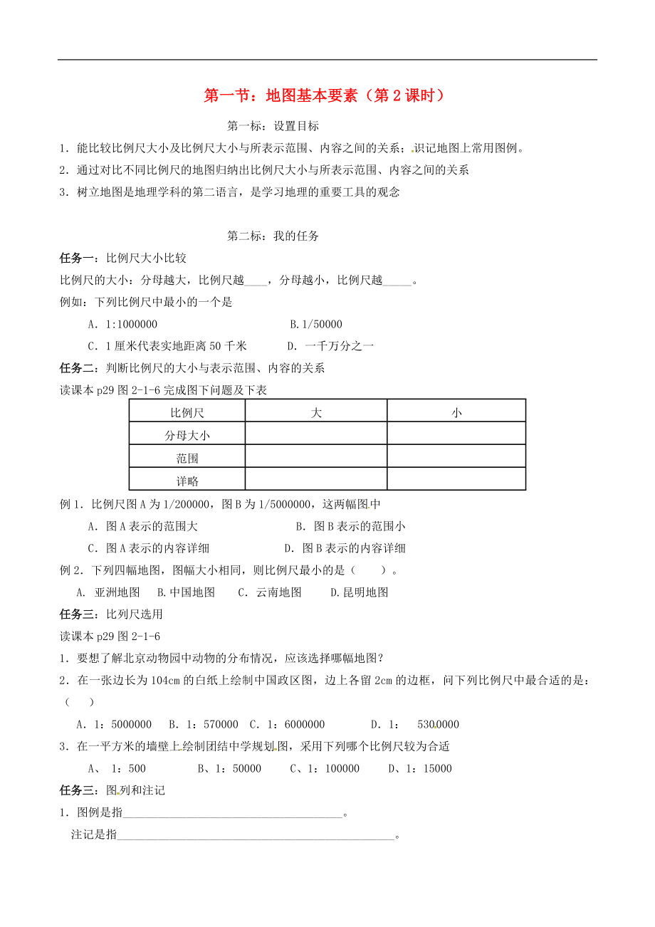 云南省昆明市西山區(qū)團(tuán)結(jié)民族中學(xué)2015年秋七年級地理上冊 第二章 第一節(jié) 地圖的基本要素（第2課時）學(xué)案（無答案）（新版）商務(wù)星球版_第1頁