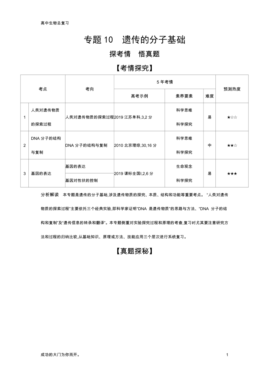 北京版生物高考总复习专题10遗传的分子基础（试题练）教学讲练_第1页