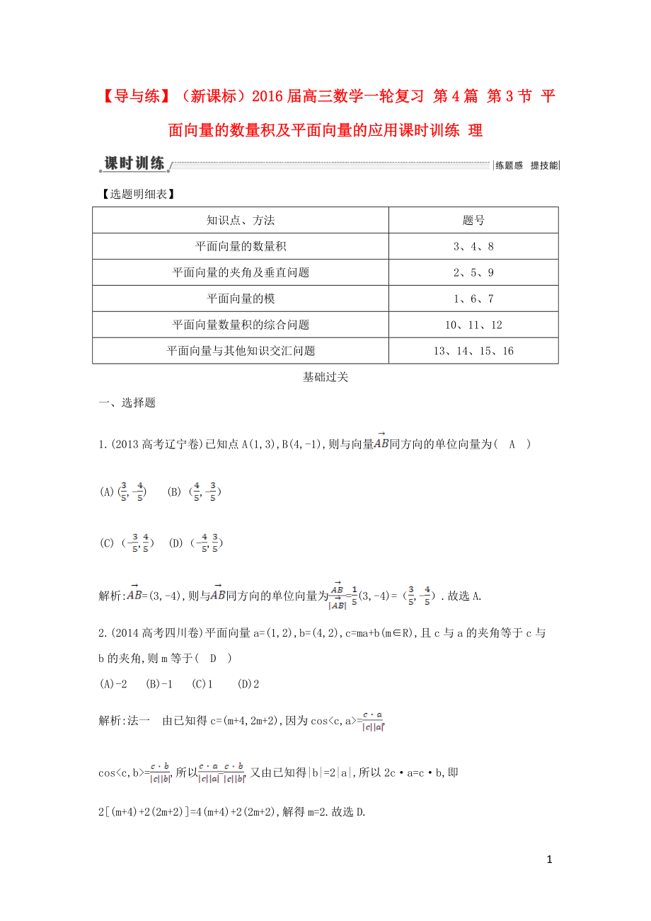 【導(dǎo)與練】（新課標(biāo)）2016屆高三數(shù)學(xué)一輪復(fù)習(xí) 第4篇 第3節(jié) 平面向量的數(shù)量積及平面向量的應(yīng)用課時訓(xùn)練 理_第1頁