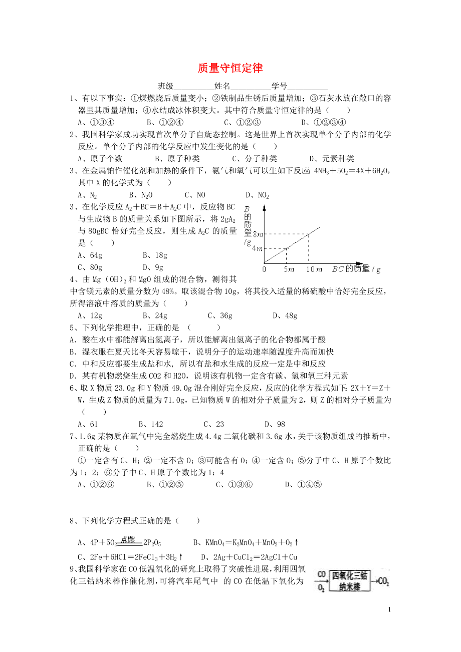 江蘇省鹽城市亭湖新區(qū)實(shí)驗(yàn)學(xué)校中考化學(xué)第一輪鞏固練習(xí)09 質(zhì)量守恒定律（無(wú)答案）_第1頁(yè)