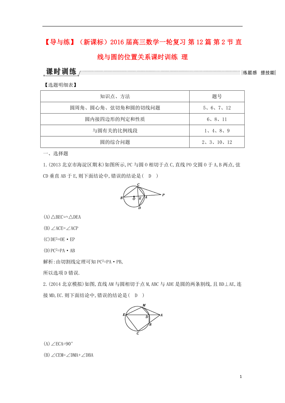 【導(dǎo)與練】（新課標(biāo)）2016屆高三數(shù)學(xué)一輪復(fù)習(xí) 第12篇 第2節(jié) 直線與圓的位置關(guān)系課時(shí)訓(xùn)練 理_第1頁(yè)