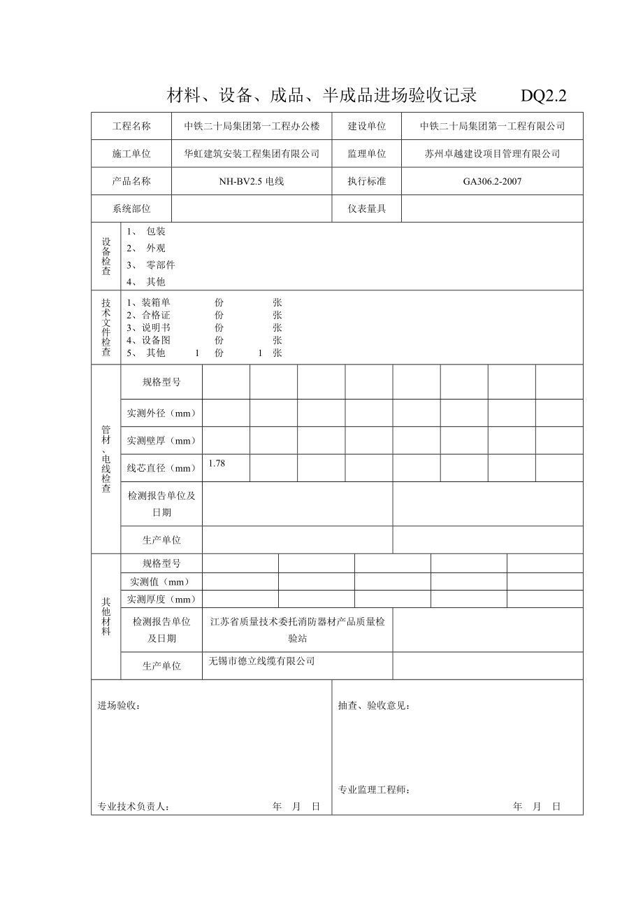 材料、设备、成品、半成品进场验收记录_第1页