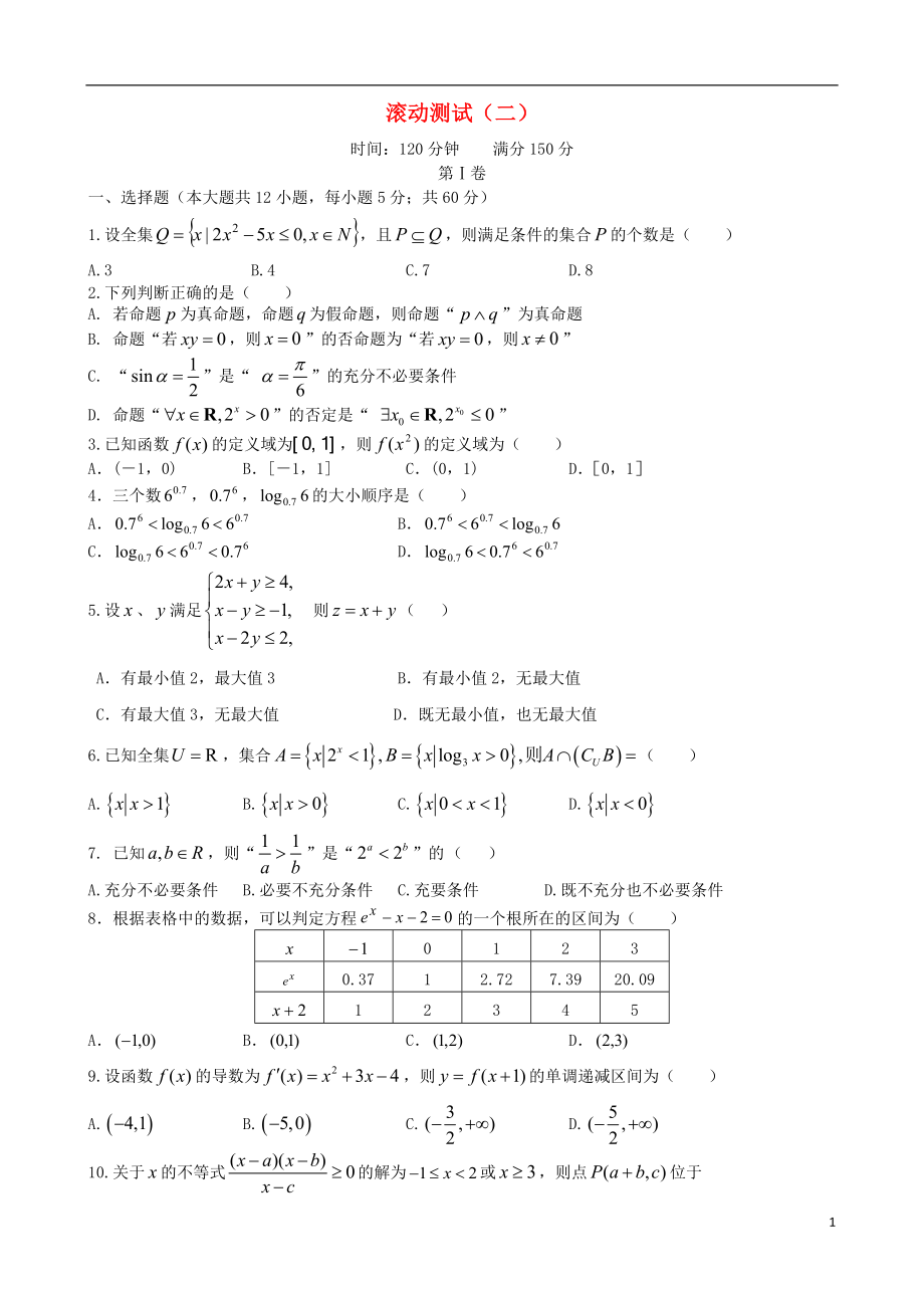 【導(dǎo)與練】（新課標(biāo)）2016屆高三數(shù)學(xué)一輪復(fù)習(xí) 滾動(dòng)測(cè)試二 理_第1頁(yè)