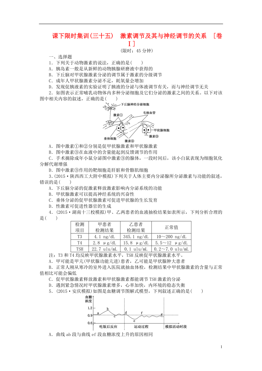 【創(chuàng)新方案】2016屆高三生物一輪復(fù)習(xí) 第一單元 第3講 激素調(diào)節(jié)及其與神經(jīng)調(diào)節(jié)的關(guān)系課下限時集訓(xùn)1 新人教版必修3_第1頁