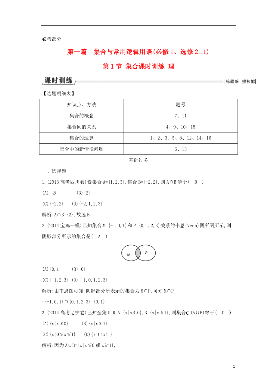 【导与练】（新课标）2016届高三数学一轮复习 第1篇 第1节 集合课时训练 理_第1页