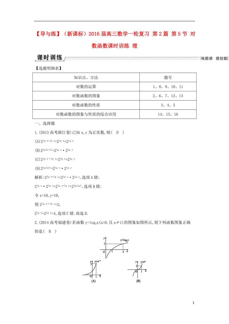 【導與練】（新課標）2016屆高三數(shù)學一輪復習 第2篇 第5節(jié) 對數(shù)函數(shù)課時訓練 理_第1頁