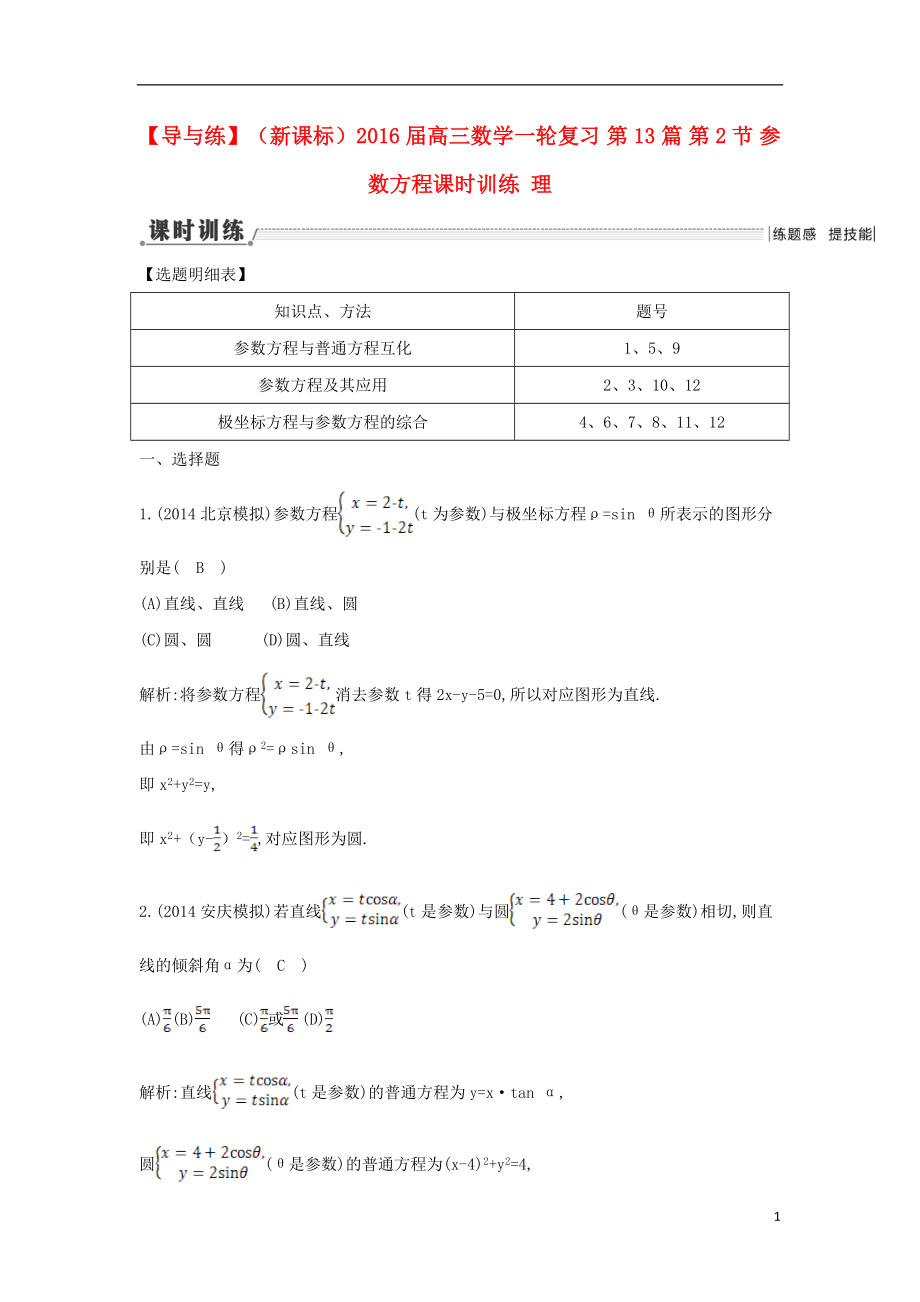 【導與練】（新課標）2016屆高三數(shù)學一輪復習 第13篇 第2節(jié) 參數(shù)方程課時訓練 理_第1頁