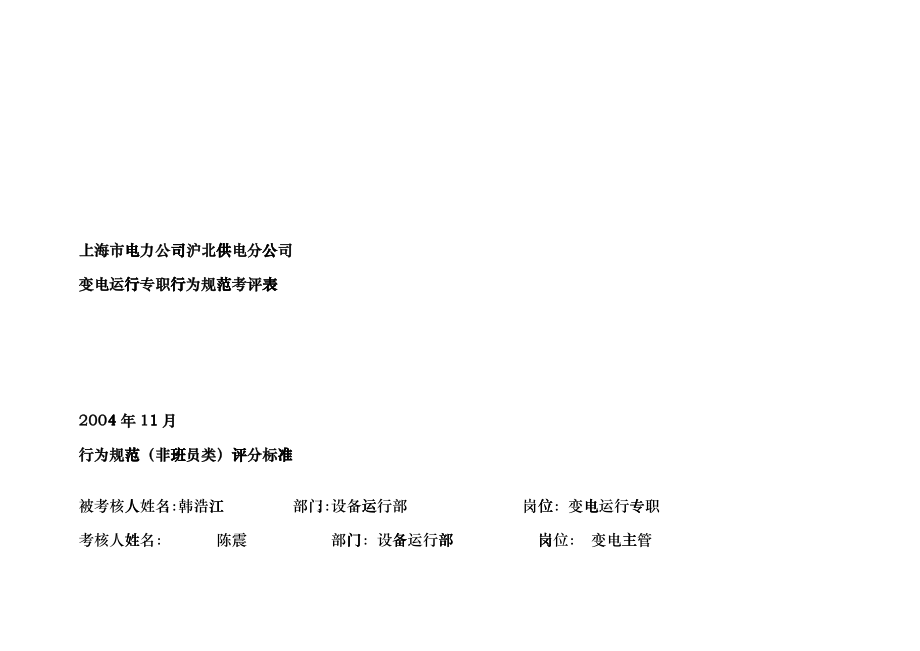 上海市电力公司沪北供电分公司变电运行专职行为规范考评表fviq_第1页