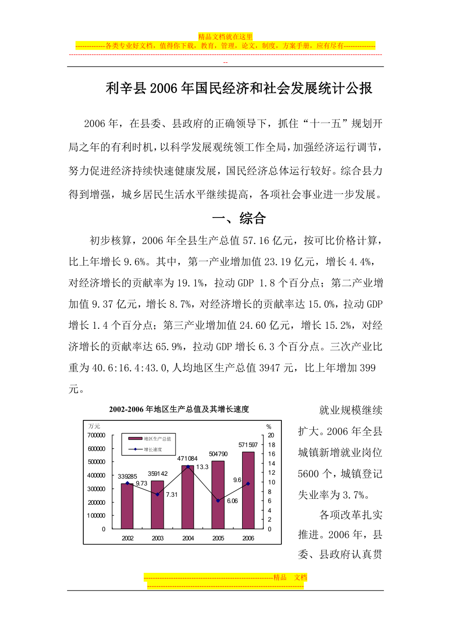 利辛县2006年国民经济和社会发展统计公报_第1页