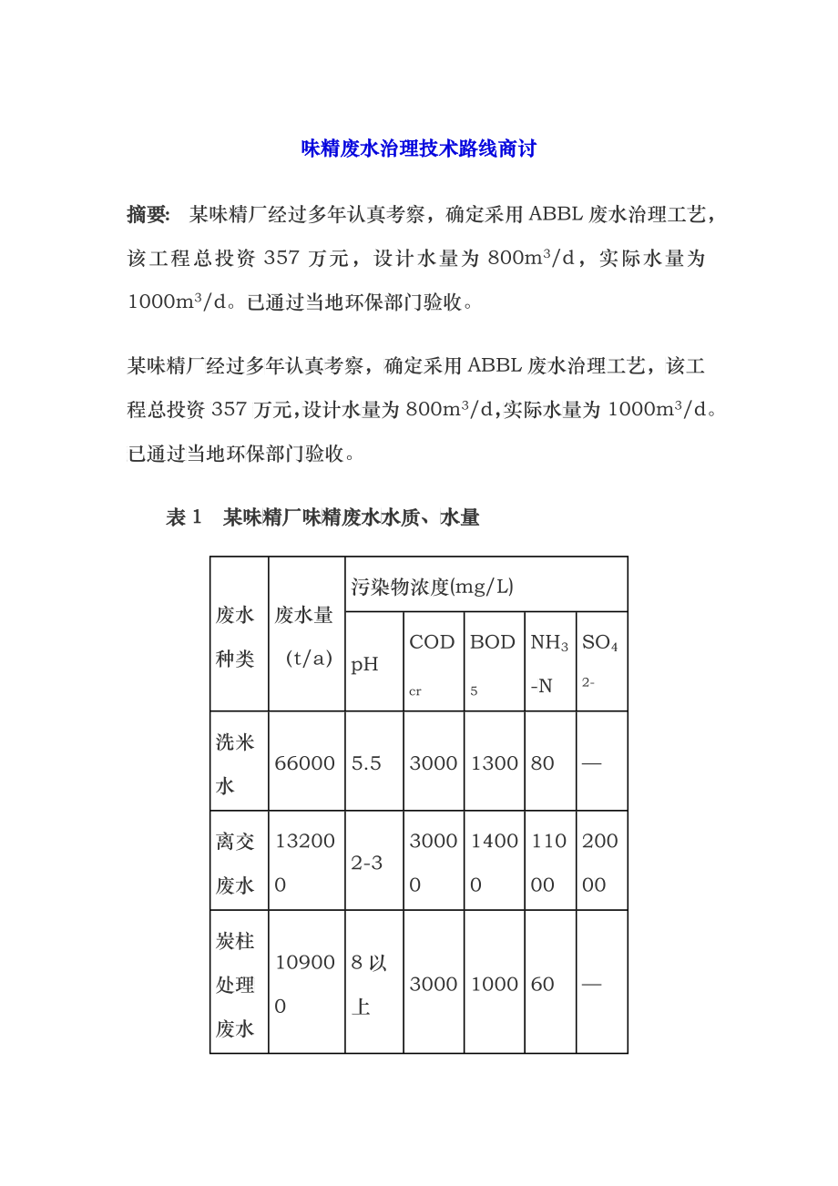 味精废水治理技术路线商讨_第1页