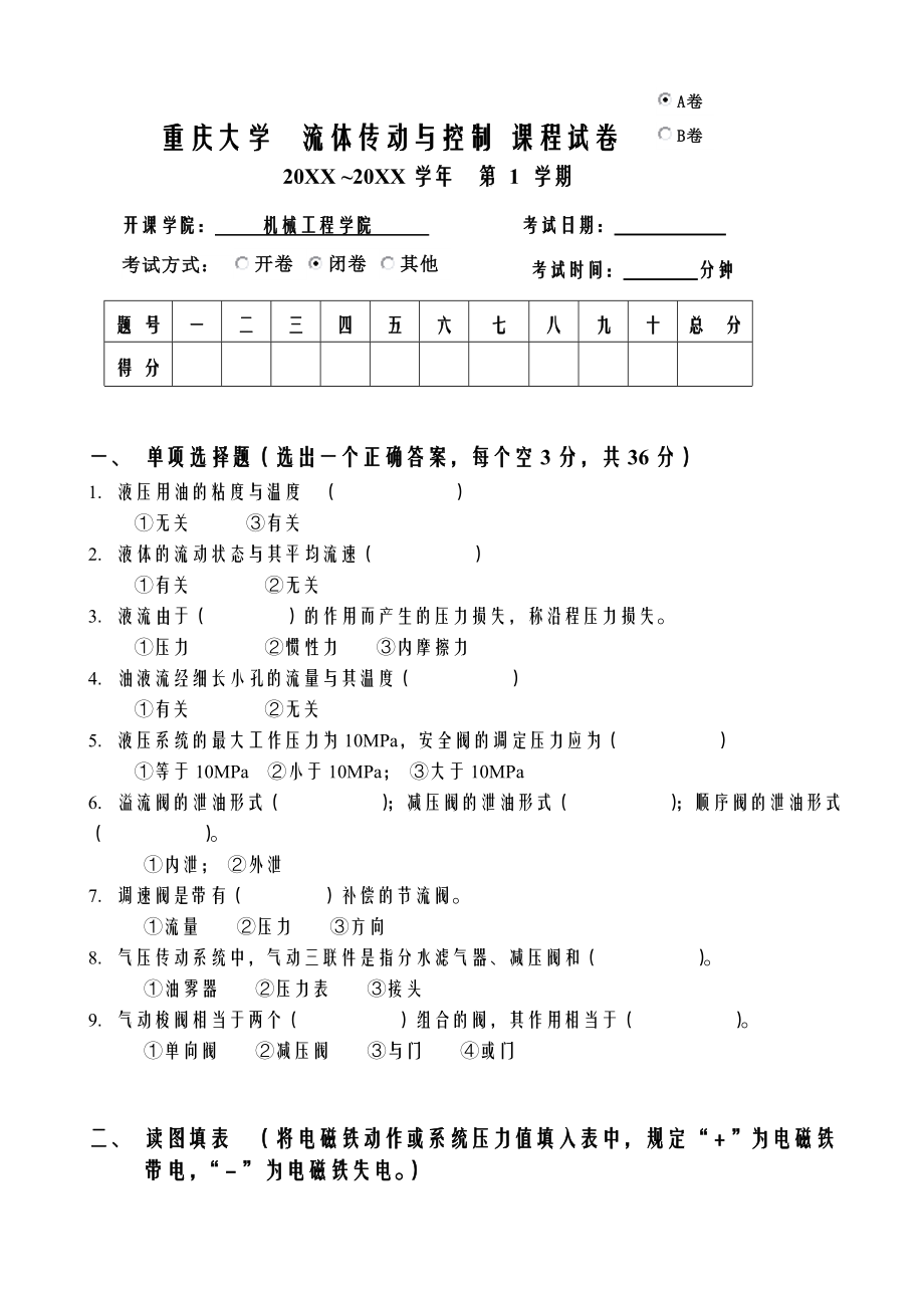 流体传动与控制 课程试卷1_第1页