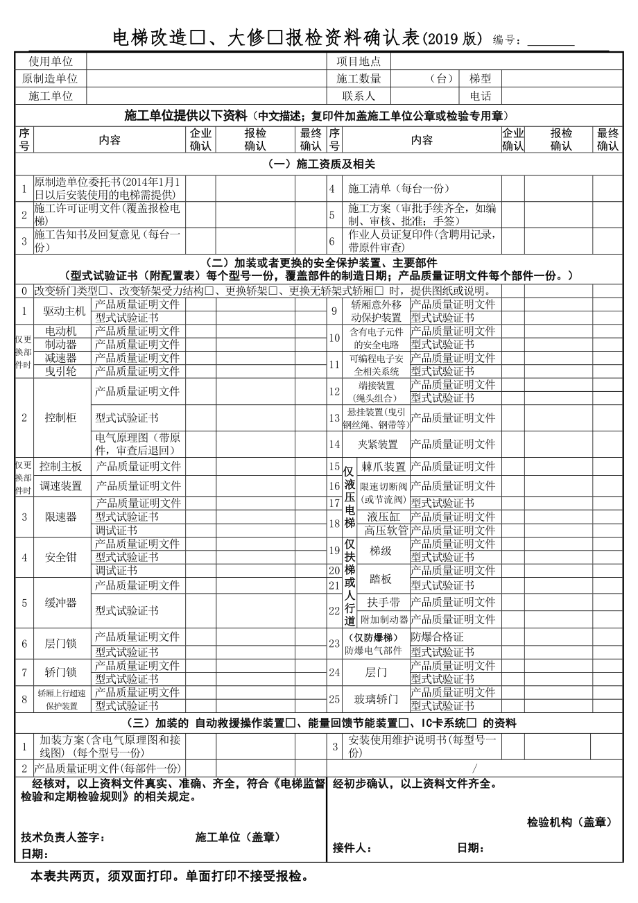 電梯改造、大修報(bào)檢資料確認(rèn)表(2019版) 參考模板范本_第1頁(yè)