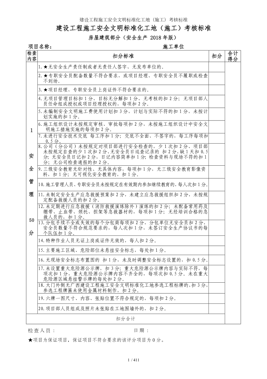 建设工程施工安全文明标准化工地（施工）考核标准参考模板范本_第1页