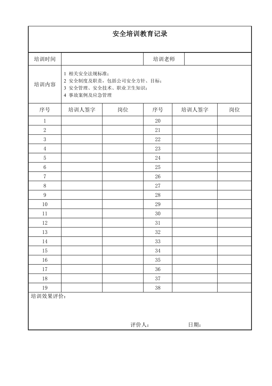 生产经营企业安全培训记录样表参考模板范本_第1页