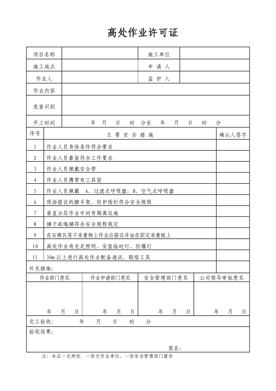 高处作业许可证参考模板范本_第1页