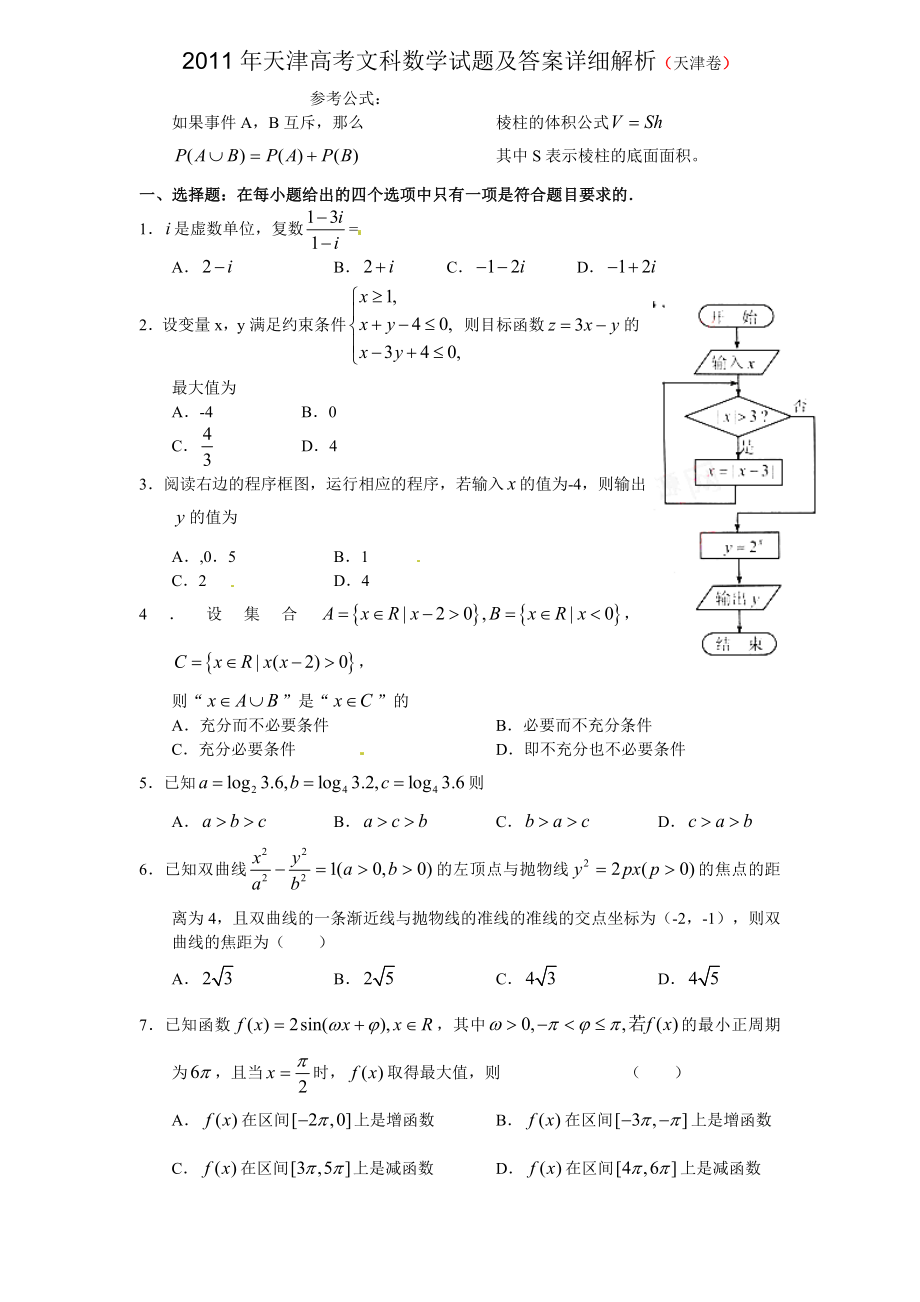 2011年天津高考文科数学试题及答案(Word版)_第1页