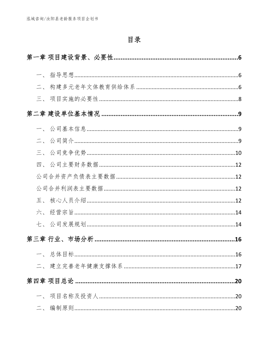 汝阳县老龄服务项目企划书_参考模板_第1页
