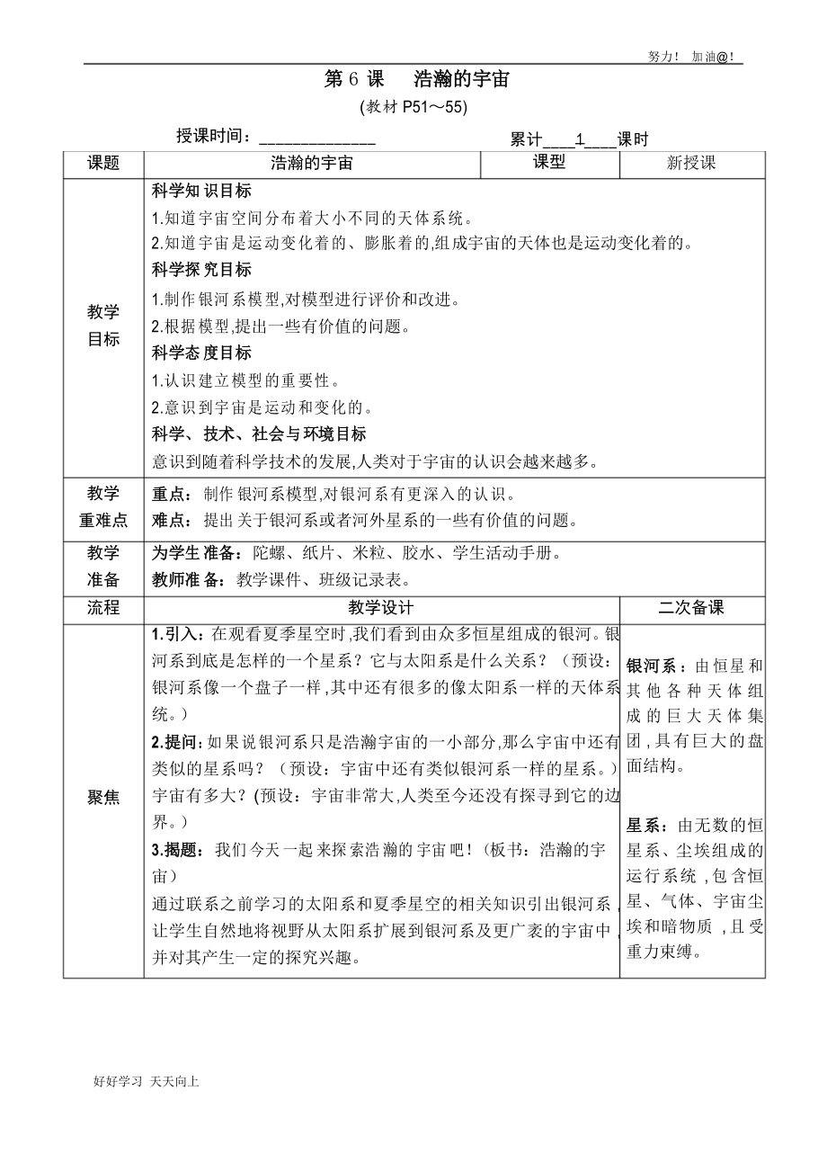 教科版六年級科學下冊 浩瀚的宇宙 名師教學教案_第1頁