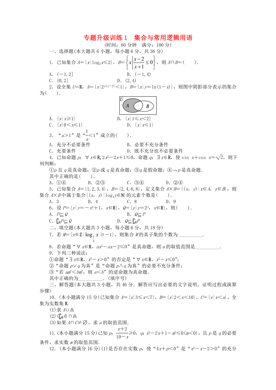 廣東省2013年高考數(shù)學(xué)第二輪復(fù)習(xí) 專題升級(jí)訓(xùn)練1 集合與常用邏輯用語 文_第1頁