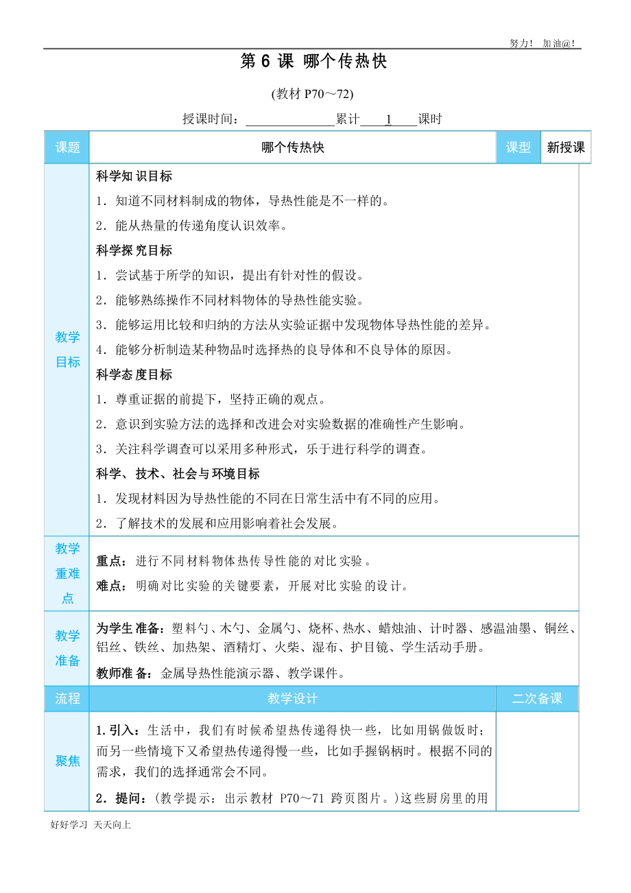 教科版五年級科學下冊 哪個傳熱快 名師教學教案_第1頁