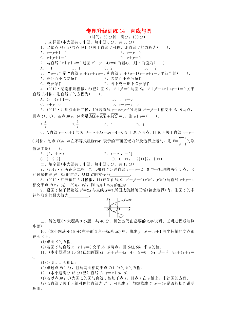 湖南省2013年高考數(shù)學(xué)第二輪復(fù)習(xí) 專(zhuān)題升級(jí)訓(xùn)練14 直線(xiàn)與圓 理_第1頁(yè)