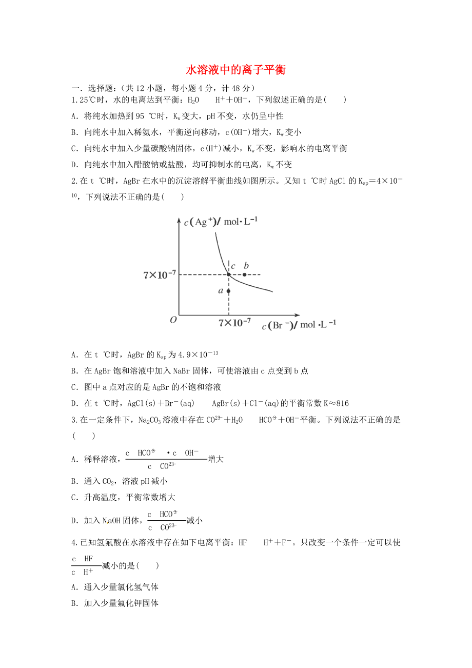 安徽省安庆二中2016届高考化学 水溶液中的离子平衡单元突破训练_第1页