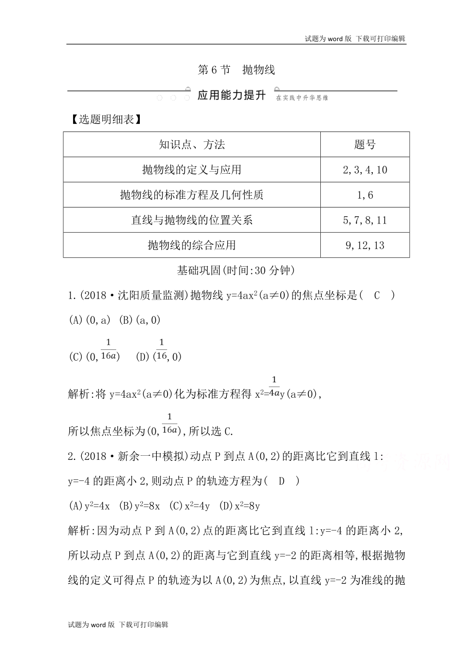 版導與練一輪復習文科數(shù)學習題：第八篇　平面解析幾何必修2、選修11 第6節(jié)　拋物線 Word版含解析_第1頁