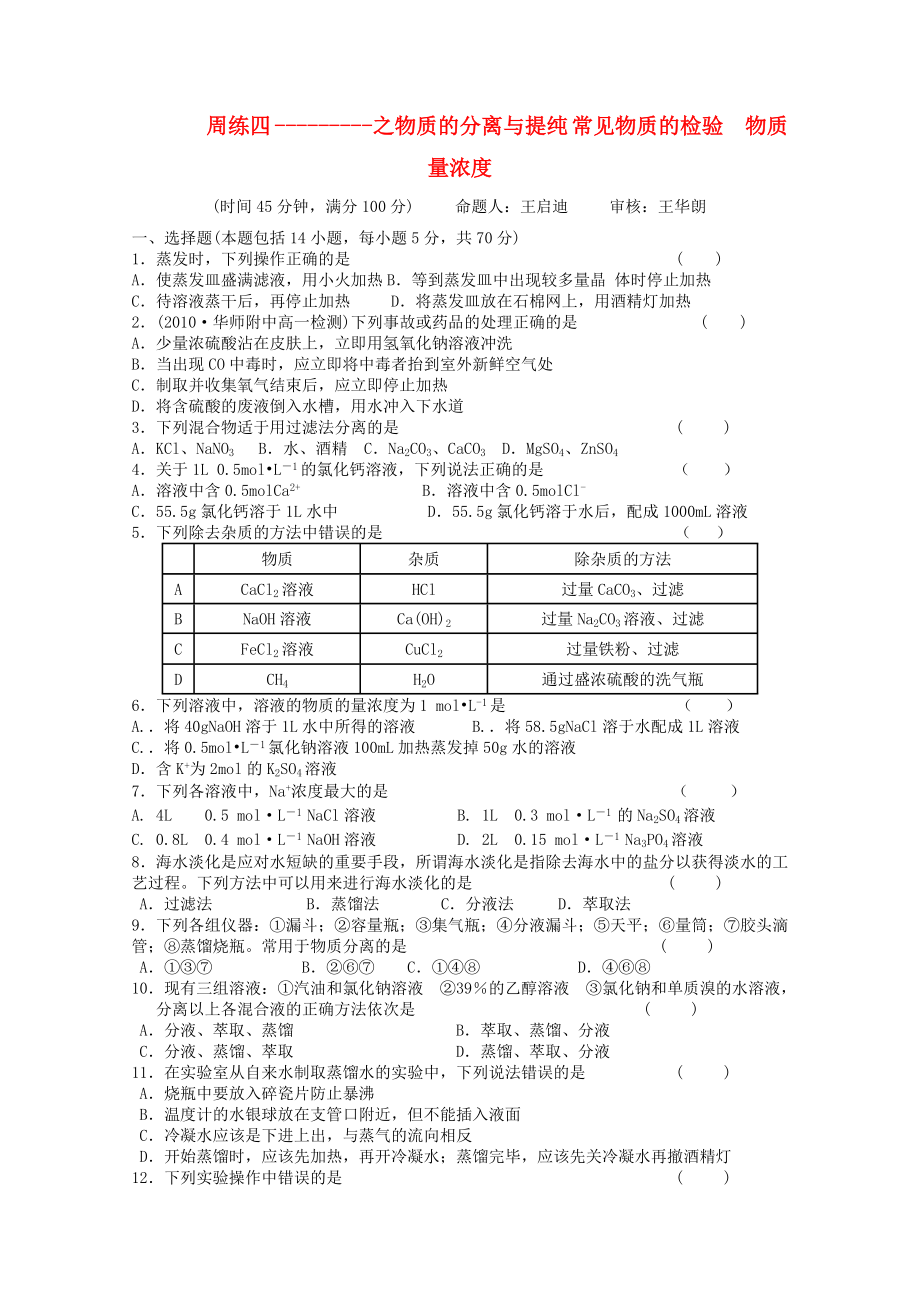 江苏省高一化学 周练四 物质的分离与提纯物质的检验 物质的量浓度_第1页