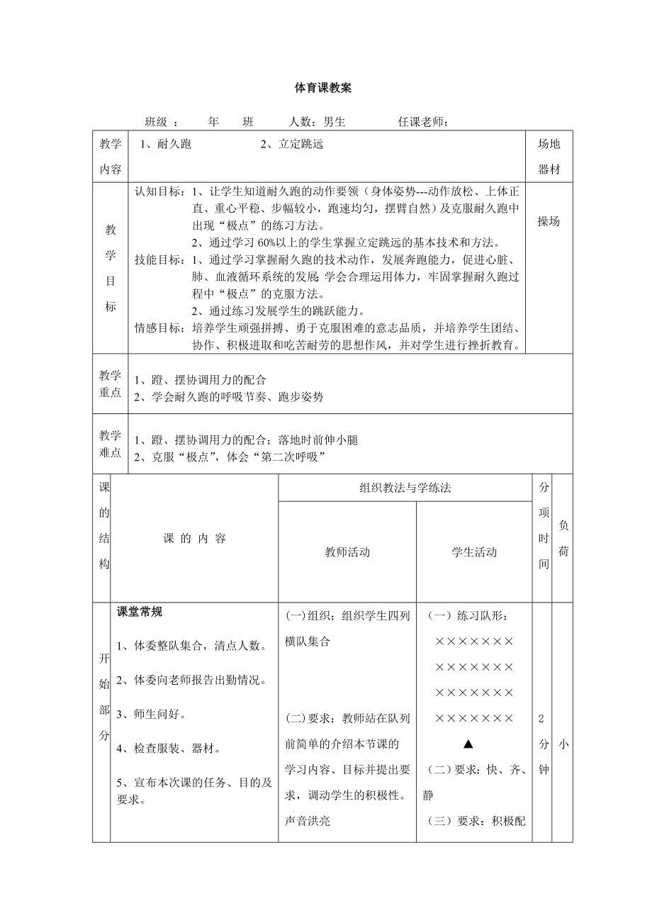 体育课教案【耐久跑及立定跳远】_第1页