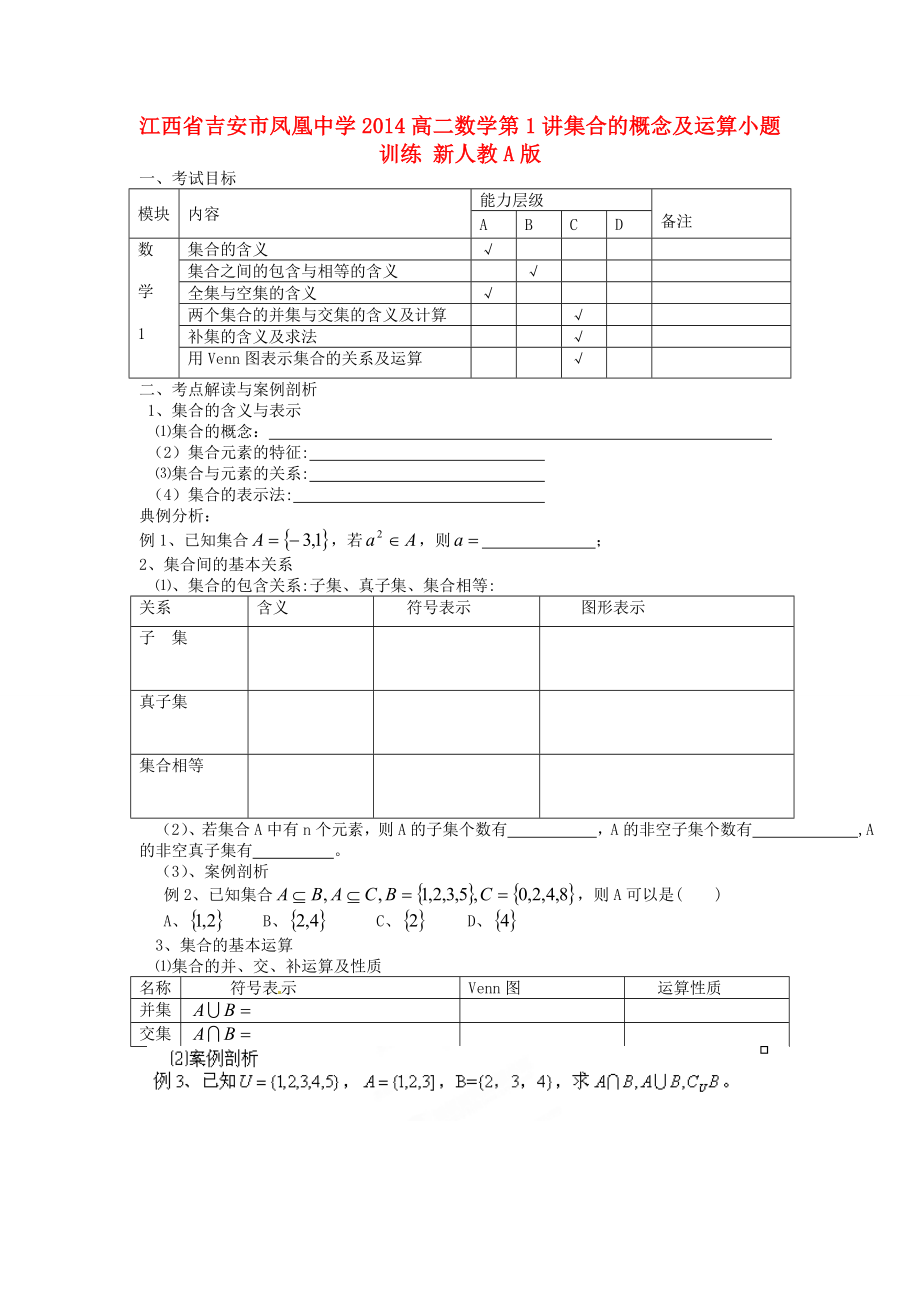 江西省吉安市凤凰中学2014高二数学 第1讲 集合的概念及运算小题训练 新人教A版_第1页