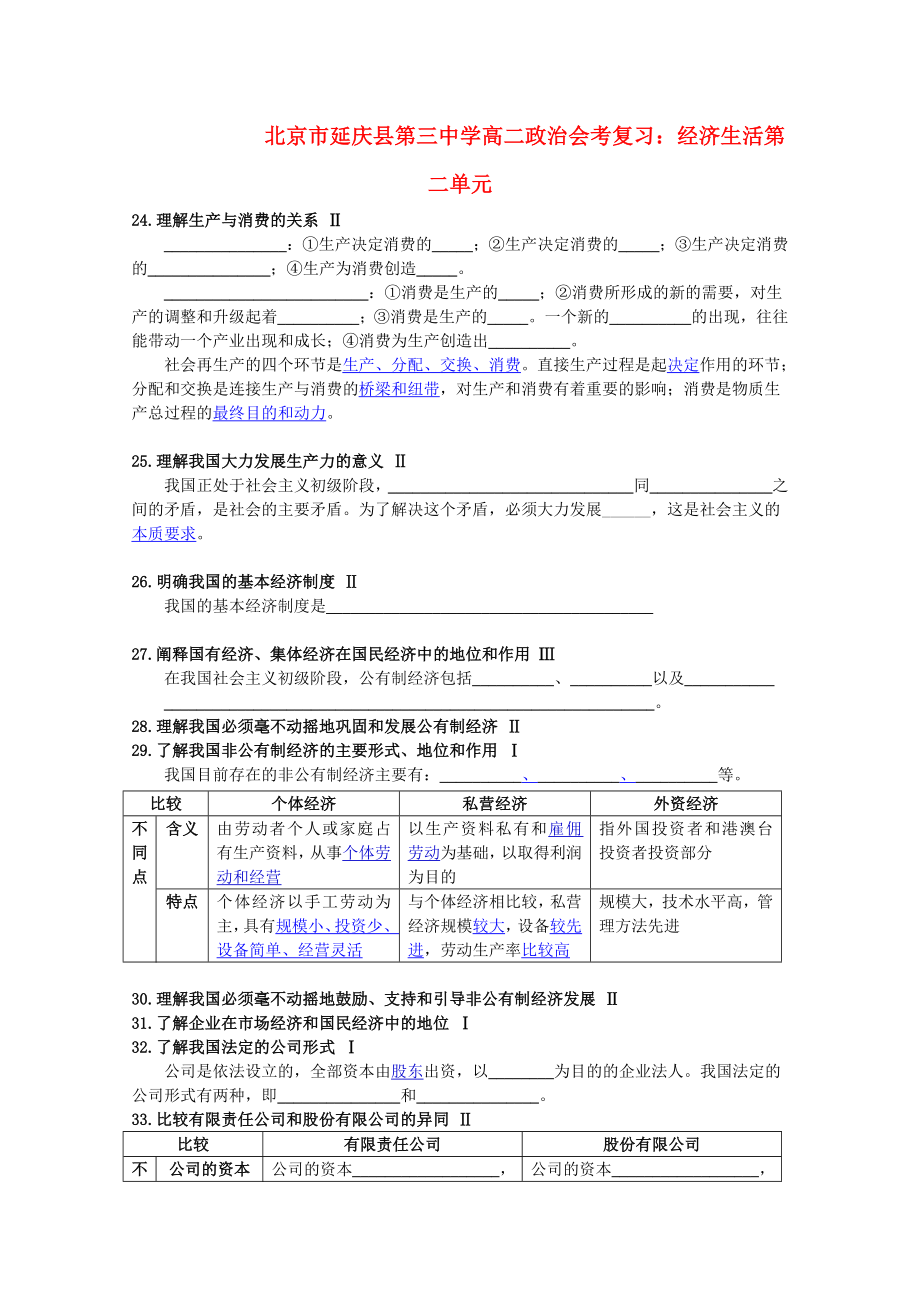 北京市延庆县第三中学高二政治会考复习 经济生活第二单元_第1页